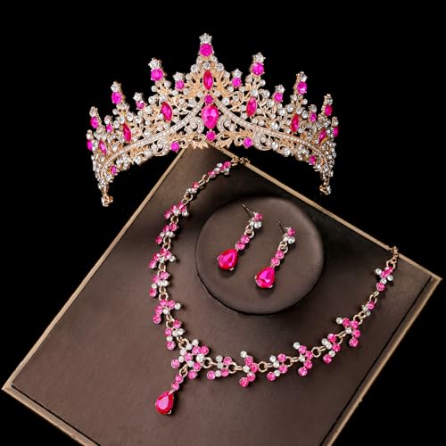Crystal Crown and Tiara Jewelry Set for Women Bride with Necklace Earrings | Metal Rhinestone Royal Queen Princess Jewelry Set Wedding Quinceanera Pageant Prom Birthday Halloween Party Costume Gift - color: Style E-Hot Pink