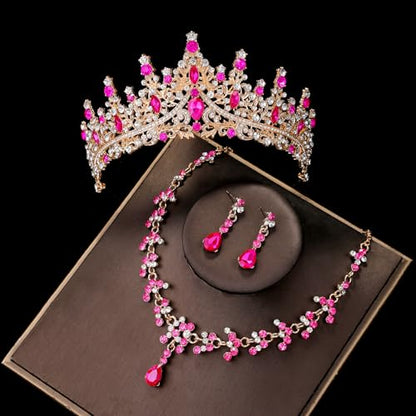 Crystal Crown and Tiara Jewelry Set for Women Bride with Necklace Earrings | Metal Rhinestone Royal Queen Princess Jewelry Set Wedding Quinceanera Pageant Prom Birthday Halloween Party Costume Gift - color: Style E-Hot Pink