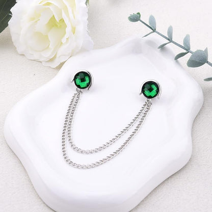 Crystal Rhinestone Brooch Mens Lapel Pins for Shirt Collar Suit Tassel Collar Chains for Shirts Badge Suit Accessories Men Brooch - color: Green-J