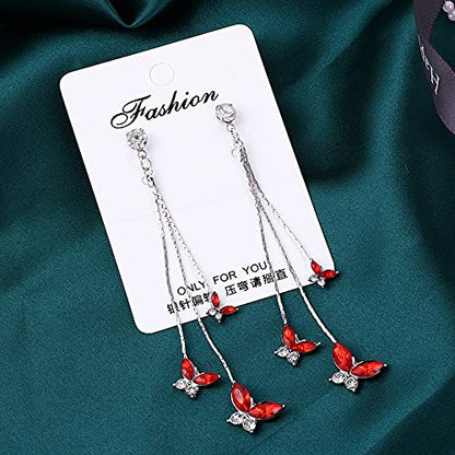 Temperament Crystal Butterfly Drop Dangle Earrings for Women Long Tassel Butterfly Stud Earrings - color: Red