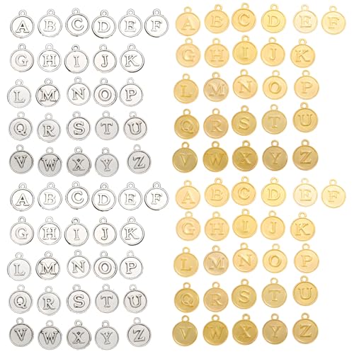 stino 200Pcs A-Z Metal Letter Charms for Jewelry Making, Capital Alphabet Initial Charms - color: 104Pcs Silver & Gold Disc