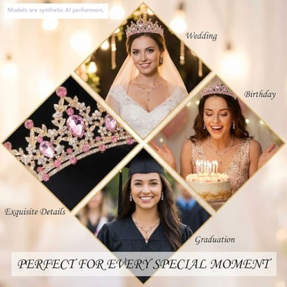 Kamirola Tiaras and Crowns for Women,Tiaras Earrings Necklace, Crystal Bridal Jewelry Set, Costume Party Halloween Prom Pageant Jewelry for Women(TR45) - color: Gold Pink