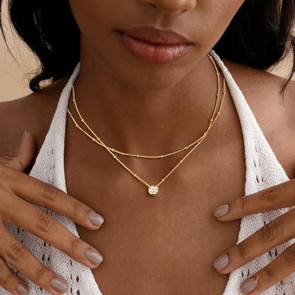 Yoosteel Layered 14K-Gold-Plated Necklace for Women,CZ Necklaces Stack | Dainty Cubic Zirconia Pendant Necklace,Simple Chain Choker Stackable,Trendy Jewelry,Wedding Bridesmaid Gifts - color: Layered Bezel Round CZ