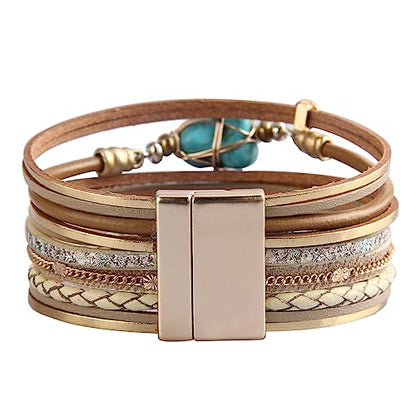 GelConnie Leather Wrap Bracelet Boho Cuff Bracelets Crystal Leather Bracelet Magnetic Multi Strand Bracelets Bohemian Bracelet Leather Wristbands Bangle Jewelry for Women Teen Wife Mother - color: Turquoise Leather Bracelet