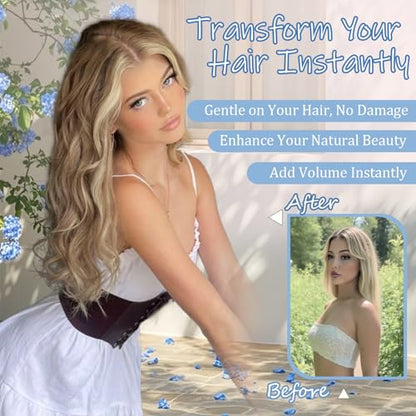 Ash Brown Halo Hair Extensions with Beach Blonde Highlights | 20 Inch Wavy Synthetic Fiber with Invisible Wire and 4 Secure Clips for Easy Daily Styling and Party Wear - color: Ash Brown with Beach Blonde
