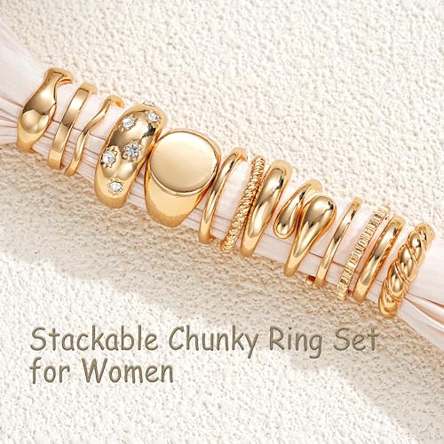 FAXHION 12PCS Gold Stackable Rings Set for Women, 18K Gold Plated Open Stacking Knuckle Ring, Adjustable Chunky Signet Band Statement Ring for Gift - color: 4-ringsGold