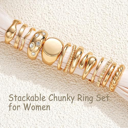 FAXHION 12PCS Gold Stackable Rings Set for Women, 18K Gold Plated Open Stacking Knuckle Ring, Adjustable Chunky Signet Band Statement Ring for Gift - color: 4-ringsGold