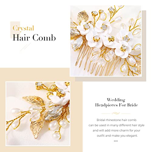 Gold Silver Flower Bride Wedding Hair Comb Pearl Bridal Side Comb Crystal Hair Piece Leaf Hair Accessories for Women and Girls - color: T- Gold