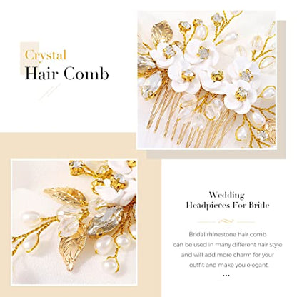 Gold Silver Flower Bride Wedding Hair Comb Pearl Bridal Side Comb Crystal Hair Piece Leaf Hair Accessories for Women and Girls - color: T- Gold