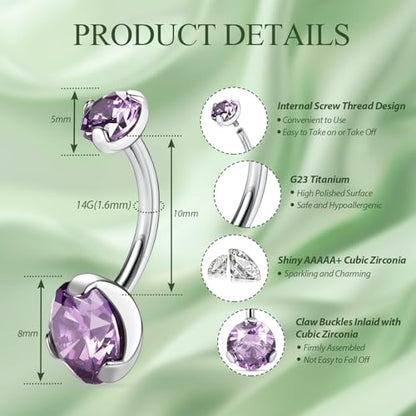 FUNLMO 14G Belly Button Ring Titanium Belly Button Piercing Belly Ring Internally Threaded Navel Piercing Jewelry - color: Silver-Purple CZ