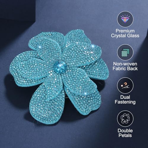 3.74 Inches Rhinestone Camellia Flower Brooch Pins & Hair Clips for Women Elegant Created Crystal Lapel Pin Brooches Wedding Party - color: Blue