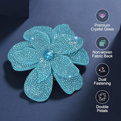 3.74 Inches Rhinestone Camellia Flower Brooch Pins & Hair Clips for Women Elegant Created Crystal Lapel Pin Brooches Wedding Party - color: Blue