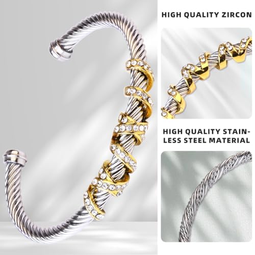 Twisted Cable Cuff Bracelets for Women 5mm Stainless Steel Cuff Bangle Bracelet Designer Inspired Jewelry Valentine Day Gift - color: D Silver & Gold