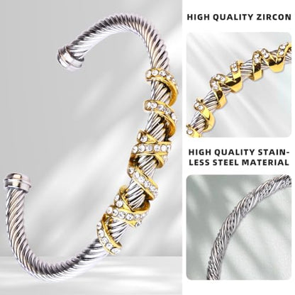 Twisted Cable Cuff Bracelets for Women 5mm Stainless Steel Cuff Bangle Bracelet Designer Inspired Jewelry Valentine Day Gift - color: D Silver & Gold