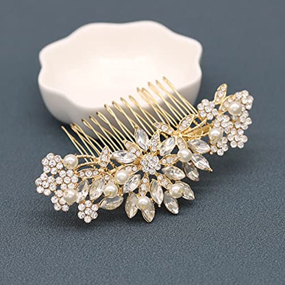 Rose Gold Wedding Hair Comb With Pearls and Crystals Wedding Hair Accessories Bridal Headpiece Or For Parties (Gold) - color: Gold
