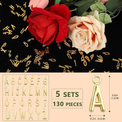 130 Pcs 5 Sets A-Z Alphabet Letter Charms, Gold Alloy Metal Spacer Beads, Slide Glitter Pendants for DIY Craft Bracelet Making Jewelry Wristbands Necklace Choker Keychain