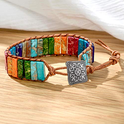 sedmart 7 Chakra Bracelets for Women with Real Stones Leather Wrap Healing Bead Bracelet Women Men Boho Friendship Jewelry - color: A6 Colorful Square button & Chakra