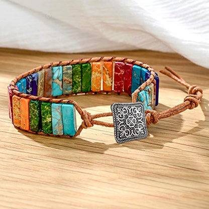 sedmart 7 Chakra Bracelets for Women with Real Stones Leather Wrap Healing Bead Bracelet Women Men Boho Friendship Jewelry - color: A6 Colorful Square button & Chakra