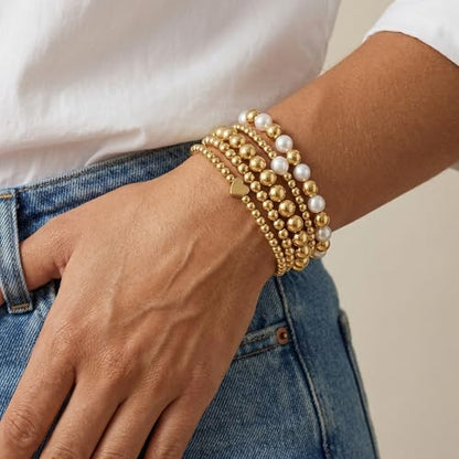 Gold Bracelets for Women 14K Gold Charm Bracelet Non Tarnish Gold Jewelry for Women Valentines Day Beaded Bracelets Stackable Bracelets