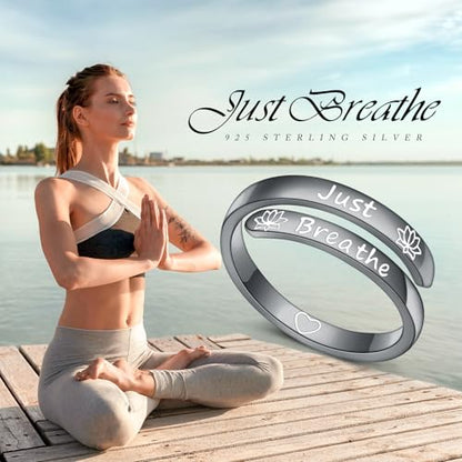 Ladytree Adjustable Inspirational Rings 925 Sterling Silver Stacking Wrap Spiral Twist Statement Band Encouragement Birthday Gift for Women Men - style: just breathe black