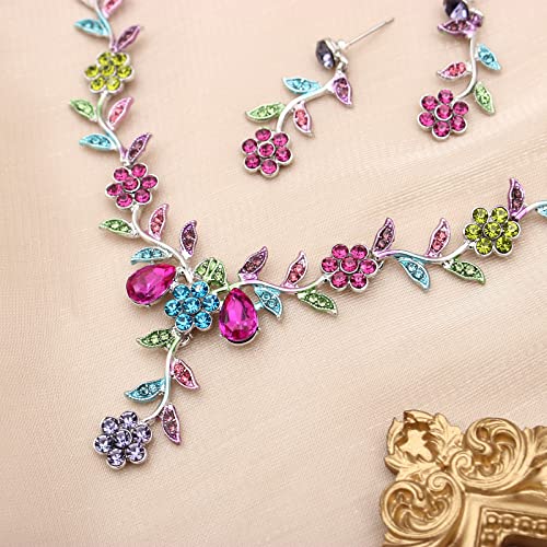 Flower Leaf Crystal Pendant Necklace Dangle Earrings Link Bracelet Bride Bridesmaid Jewelry Sets for Women Wedding Party - color: Multicolor-Platinum Plated
