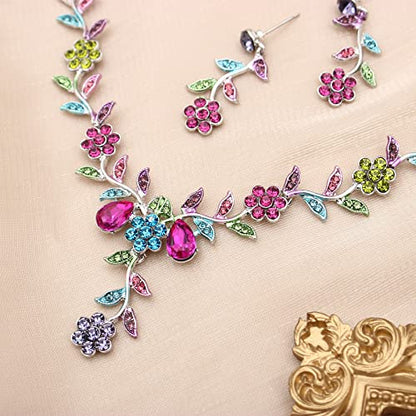 Flower Leaf Crystal Pendant Necklace Dangle Earrings Link Bracelet Bride Bridesmaid Jewelry Sets for Women Wedding Party - color: Multicolor-Platinum Plated