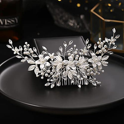 Crystal Bride Wedding Hair Comb Pearl Flower Bridal Hair Piece Hair Accessories for Women and Girls | Wedding Hair Clip for Brides, Handmade Pearl Hair Comb, Rhinestone Bridal Hair Accessories, Bridal Hair Piece for Women