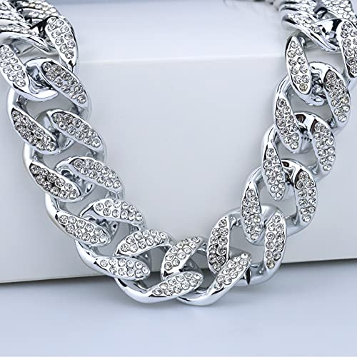 Plastic Shiny CZ Rhinestone Curb Cuban Link Chain Gold Silver Miami Hip Hop Chain Bling Diamond-Cut Chunky Turnover Necklace 80s 90s Costume Accessory for Men Women Unisex - color: Silver