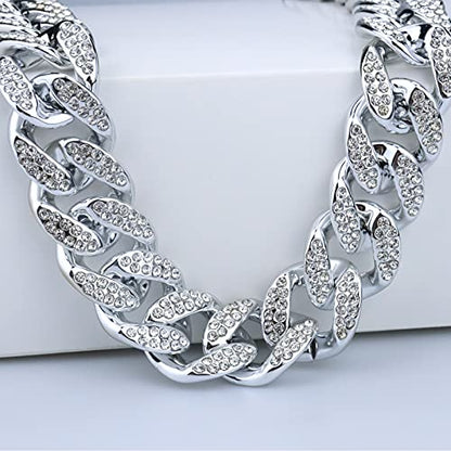 Plastic Shiny CZ Rhinestone Curb Cuban Link Chain Gold Silver Miami Hip Hop Chain Bling Diamond-Cut Chunky Turnover Necklace 80s 90s Costume Accessory for Men Women Unisex - color: Silver