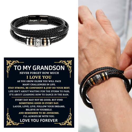 To My GrandSon Bracelet – Love You Forever Braided Leather Bracelet, Meaningful GrandSon Gift from Grandpa & Grandma with Heartfelt Message Card & Elegant Gift Box for Birthday, Christmas - color: Version#5
