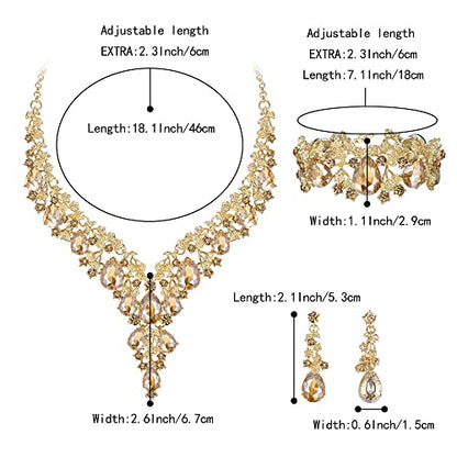 Wedding Bridal Necklace Earrings Jewelry Set for Women | Gorgeous Austrian Crystal Teardrop Flower Cluster for Bridal Bride Bridesmaid - color: 3Pcs-Champagne Gold-Tone