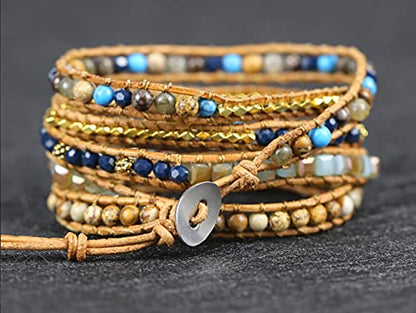 Women Wrap Bracelets Boho Natural Stone Jasper Turquoises Strand Bracelet Jewelry Collection - color: Gold Line Turquoise