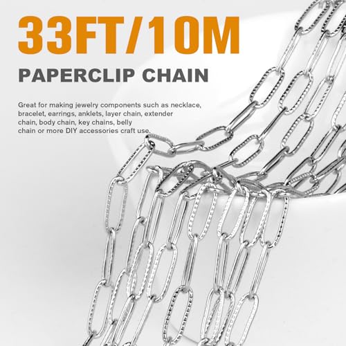 33FT Stainless Steel Paperclip Chain 4.3mm Silver Chain for Jewelry Making | Textured Cable Link Chains Roll Bulk for Necklace Bracelet Crafts - color: stainless steel color