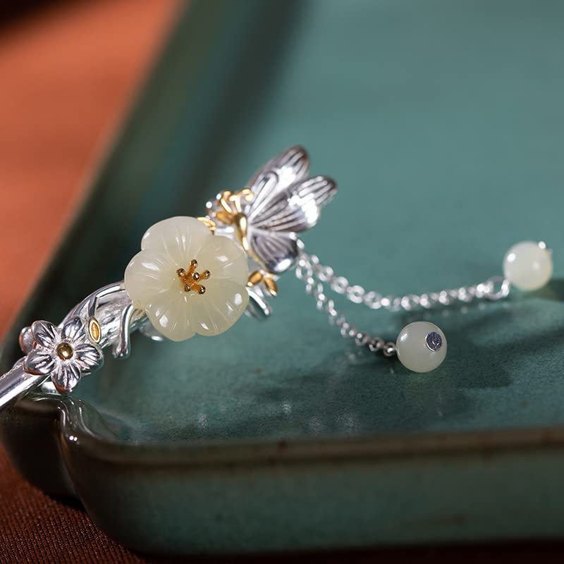 Hotan Jade S925 Silver Plated Hairpin Butterfly with Pearl and Plum Blossom Chinese Hanfu Style Hair Sticks Retro Handmade Hair Clip Hair Accessories for Women Girls Long Hair (Hotan Jade) - color: Hotan Jade