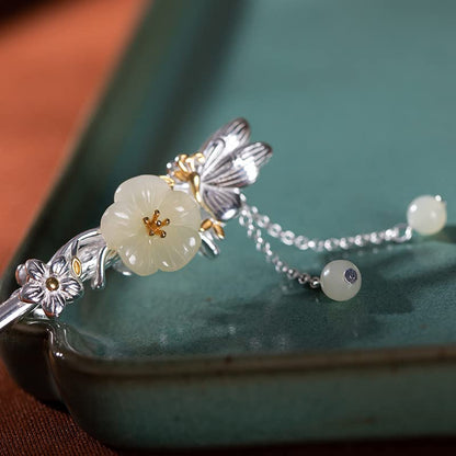 Hotan Jade S925 Silver Plated Hairpin Butterfly with Pearl and Plum Blossom Chinese Hanfu Style Hair Sticks Retro Handmade Hair Clip Hair Accessories for Women Girls Long Hair (Hotan Jade) - color: Hotan Jade