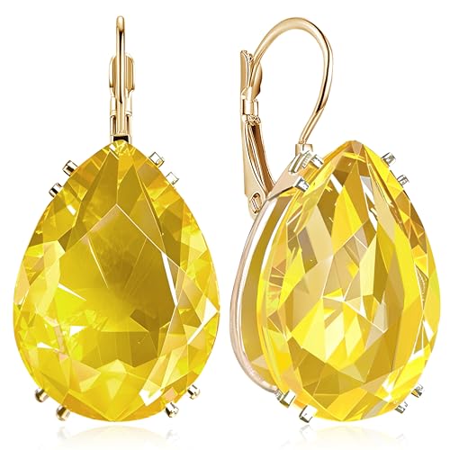 14K Gold Teardrop Crystal Leverback Earrings Sparkly Rhinestone Water Droplet Dangle Drop Earrings For Women - color: Yellow
