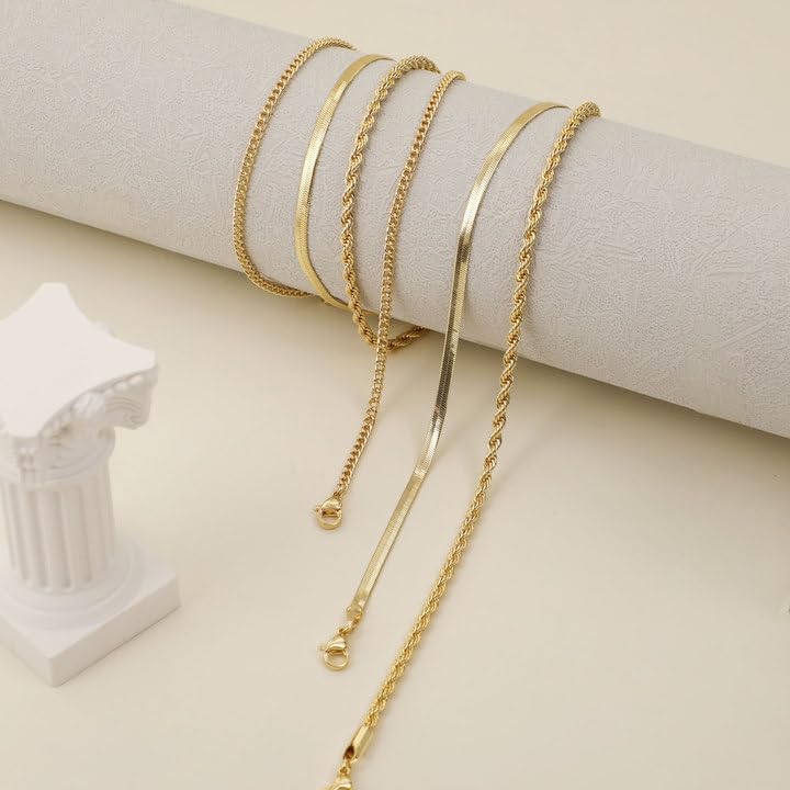 Herringbone Choker Necklace Set Double Layer Snake Chain Herringbone Chain Necklace Layering Necklace Set Cuban Chain Necklace for Women - style: 3 layered Snake/Cuba/Rope -GD