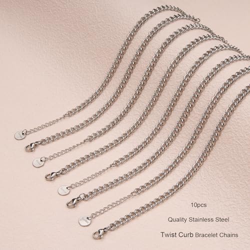 UMAOKANG 10pcs Stainless Steel Curb Chain Bracelets for Jewelry Making | Stainless Steel Link Chains Bracelet Bulk Charm Adjustable Twisted Hand Chain - color: 10pcs Curb Steel