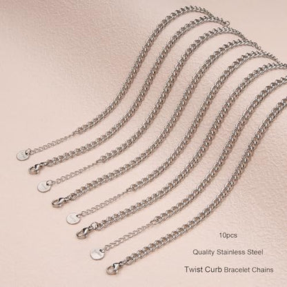 UMAOKANG 10pcs Stainless Steel Curb Chain Bracelets for Jewelry Making | Stainless Steel Link Chains Bracelet Bulk Charm Adjustable Twisted Hand Chain - color: 10pcs Curb Steel