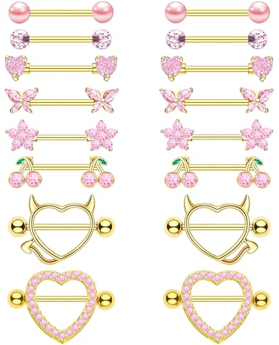 8 Pairs Gold Plated Nipple Rings for Women 14G Surgical Stainless Steel Nipple Piercing Jewelry Heart Cherry Butterfly Flower Nipple Barbells - color: Gold Tone Pink CZ