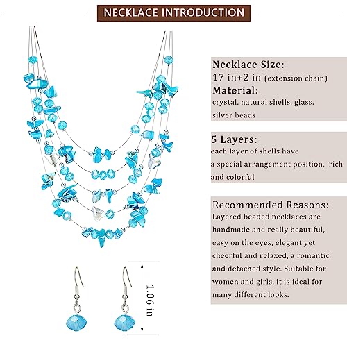 Multi-Layer Boho Shell Beaded Necklace for Women Colorful Crystal Strand with Silver Beads Statement Collars Necklace and Earrings Costumes Jewelry Sets for Women - color: 45-Turquoise