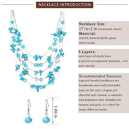 Multi-Layer Boho Shell Beaded Necklace for Women Colorful Crystal Strand with Silver Beads Statement Collars Necklace and Earrings Costumes Jewelry Sets for Women - color: 45-Turquoise