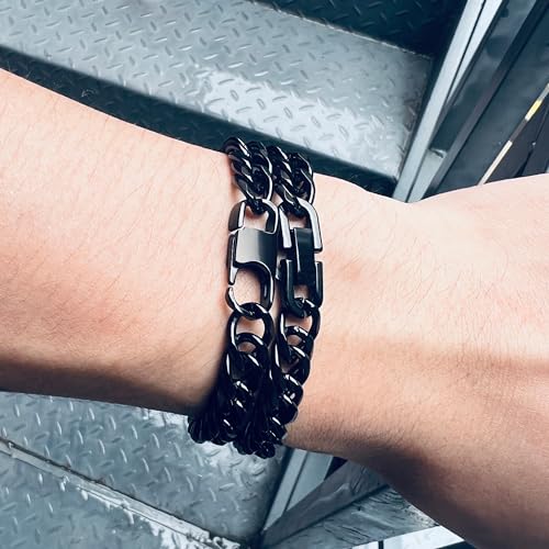 2PCS Cuban Link Bracelet, Silver Gold Black Sturdy 316L Stainless Steel Cuban Link Chain for Men Jewelry Set with Gift Message Card 8mm, 7/8/9 Inches - color: Black, size: 9 inches