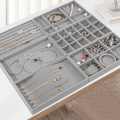 Stackable Jewelry Organizer Trays, 6-Piece Velvet Set, Gray | Removable Dividers, Soft Velvet Lining, Stackable Drawer Trays For Earrings, Rings, Bracelets And Necklaces - color: Gray