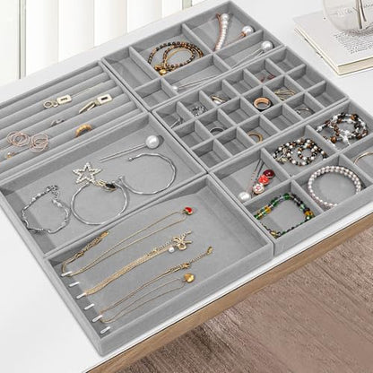 Stackable Jewelry Organizer Trays, 6-Piece Velvet Set, Gray | Removable Dividers, Soft Velvet Lining, Stackable Drawer Trays For Earrings, Rings, Bracelets And Necklaces - color: Gray