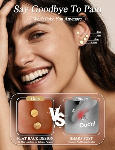 YADOCA Threadless Flat Back Earrings Gold Nose Studs Surgical Steel | Push-in flat back design for cartilage tragus helix conch and medusa piercings, gold plated stainless steel studs - color: Gold Round, size: 16G(1.2MM)