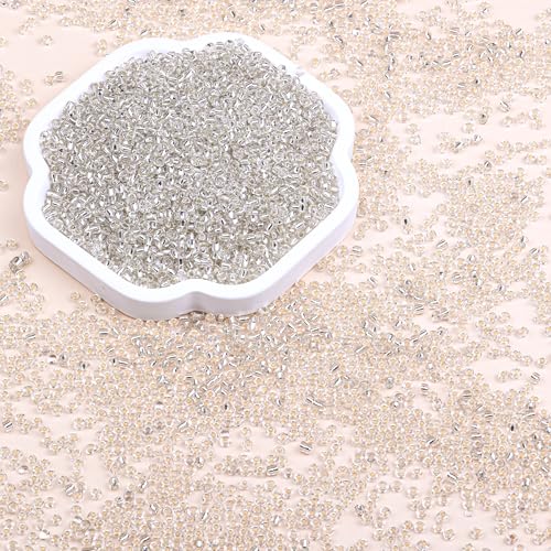 2mm Glass Seed Beads Bulk, Clear Silver White 12/0 Tiny Round Seed Bead, Small Mini Pony Craft Beads for Bracelet Necklace Wrist Jewelry Making Beading Weaving DIY Crafts Supplies - color: CLear Silver White