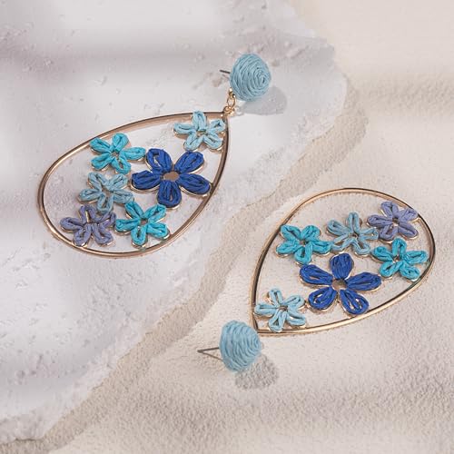 Boho Raffia Flower Teardrop Earrings Cute Colorful Dangle Trendy Jewelry | Floral Drop Statement Big Dangling Earring Hypoallergenic Gold Fun Unique Summer Spring Beach Vacation Outfits for Women - color: Blue
