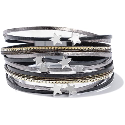 Boho Cute Star Leather Wrap Bracelets Stackable Western Chunky Jewelry | Bohemian Statement Layered Stack Magnetic Clasp Cuff Bangle Fashion Festival Hippie Cowgirl Country Outfits for Women Trendy - color: Black