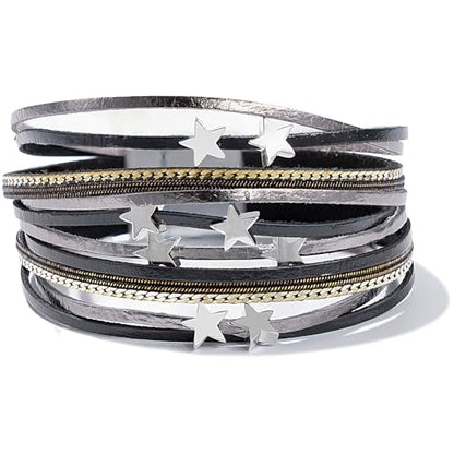 Boho Cute Star Leather Wrap Bracelets Stackable Western Chunky Jewelry | Bohemian Statement Layered Stack Magnetic Clasp Cuff Bangle Fashion Festival Hippie Cowgirl Country Outfits for Women Trendy - color: Black